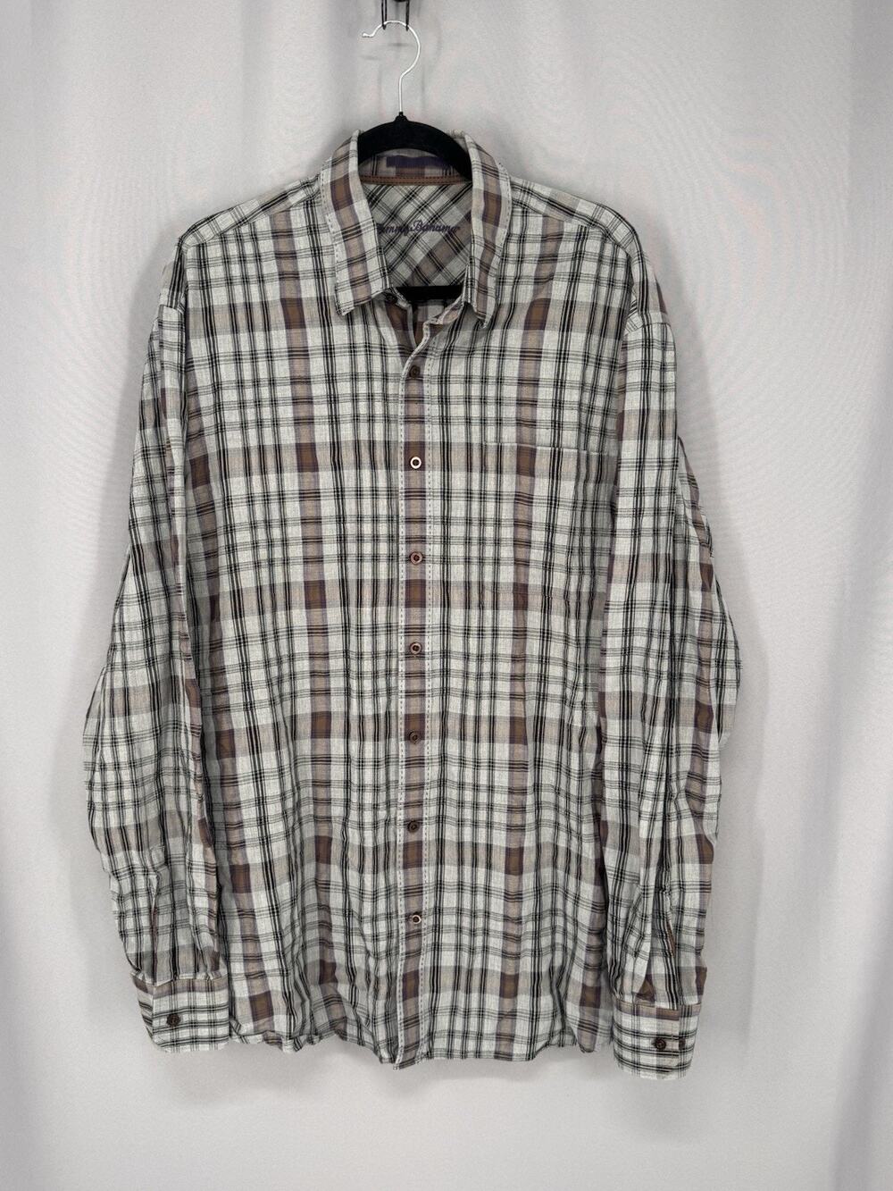 Tommy Bahama Shirt Mens XLT Gray Purple Plaid Button Down Cotton Lyocell Blend